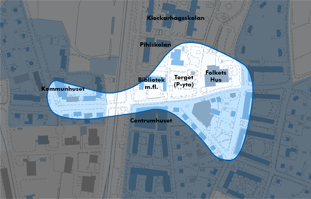 Karta över det område i Hällefors centrum som ska få en ny detaljplan